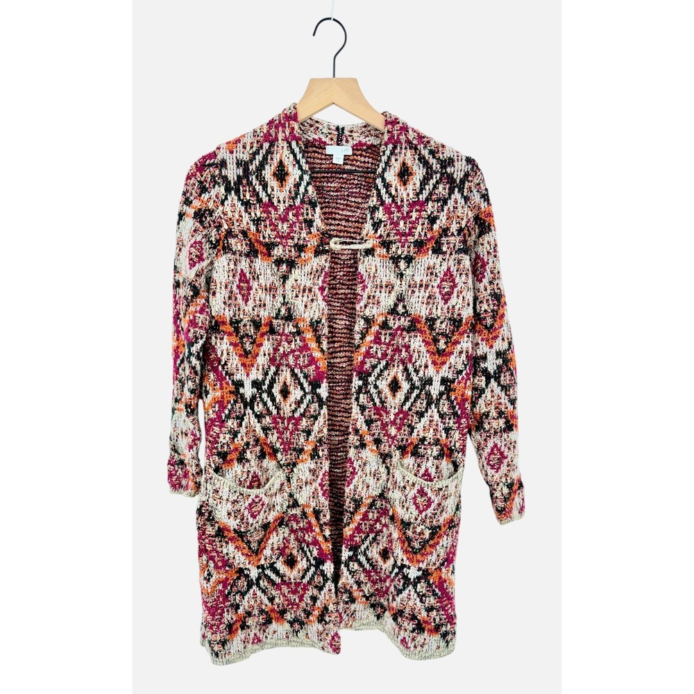 J. Jill Cardigan Sweater XS Southwestern Boho Aztec Open Front Mid Length